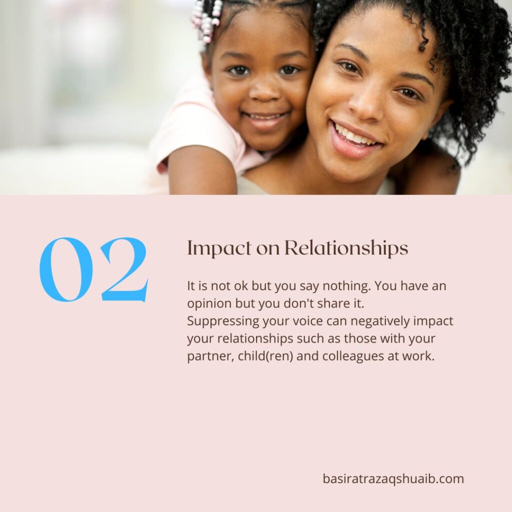 02 Impact on Relationships
It is not ok but you say nothing. You have an opinion but you don't  share it. Suppressing your voice can negatively impact your relationships such as those with your partner, child(ren) and colleagues at work. 

basiratrazaqshuaib.com